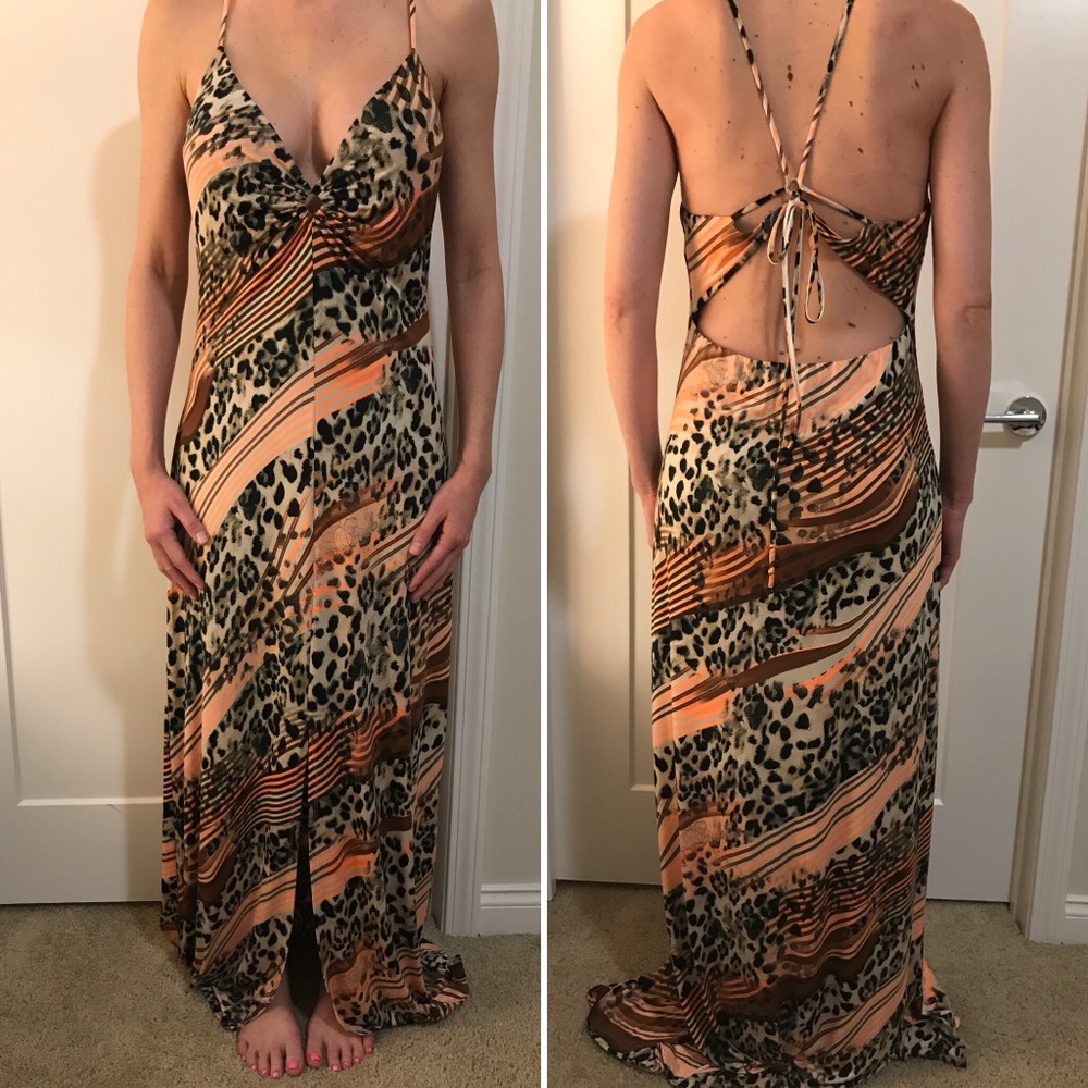 Leopard and neon orange maxi dress L